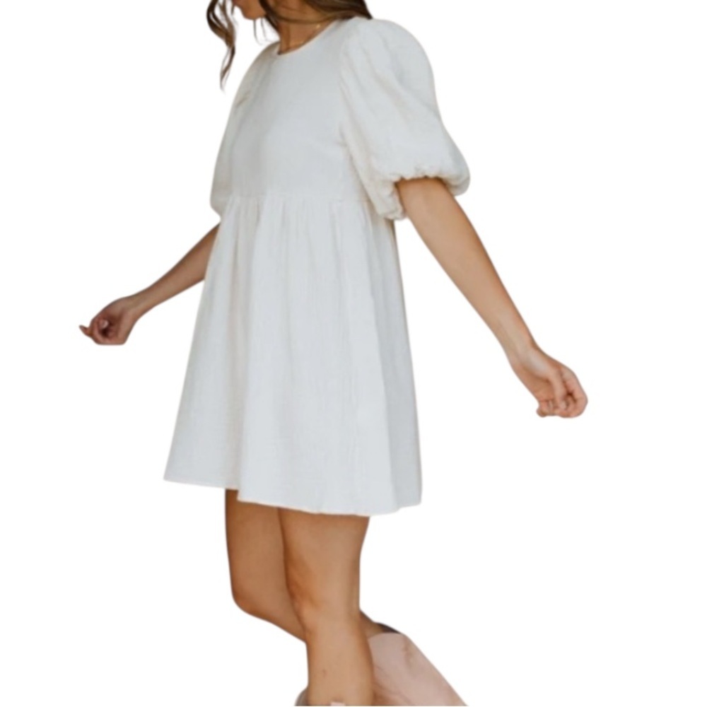 Mable Mini Dress Babydoll Puff Sleeve Cream Linen Casual Summer Dress New Size S